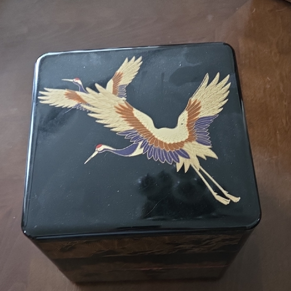 Black Three Tier Jewelry Box with Crane Design